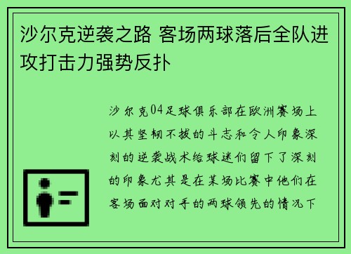 沙尔克逆袭之路 客场两球落后全队进攻打击力强势反扑