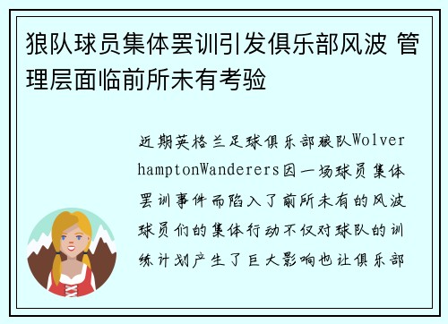 狼队球员集体罢训引发俱乐部风波 管理层面临前所未有考验